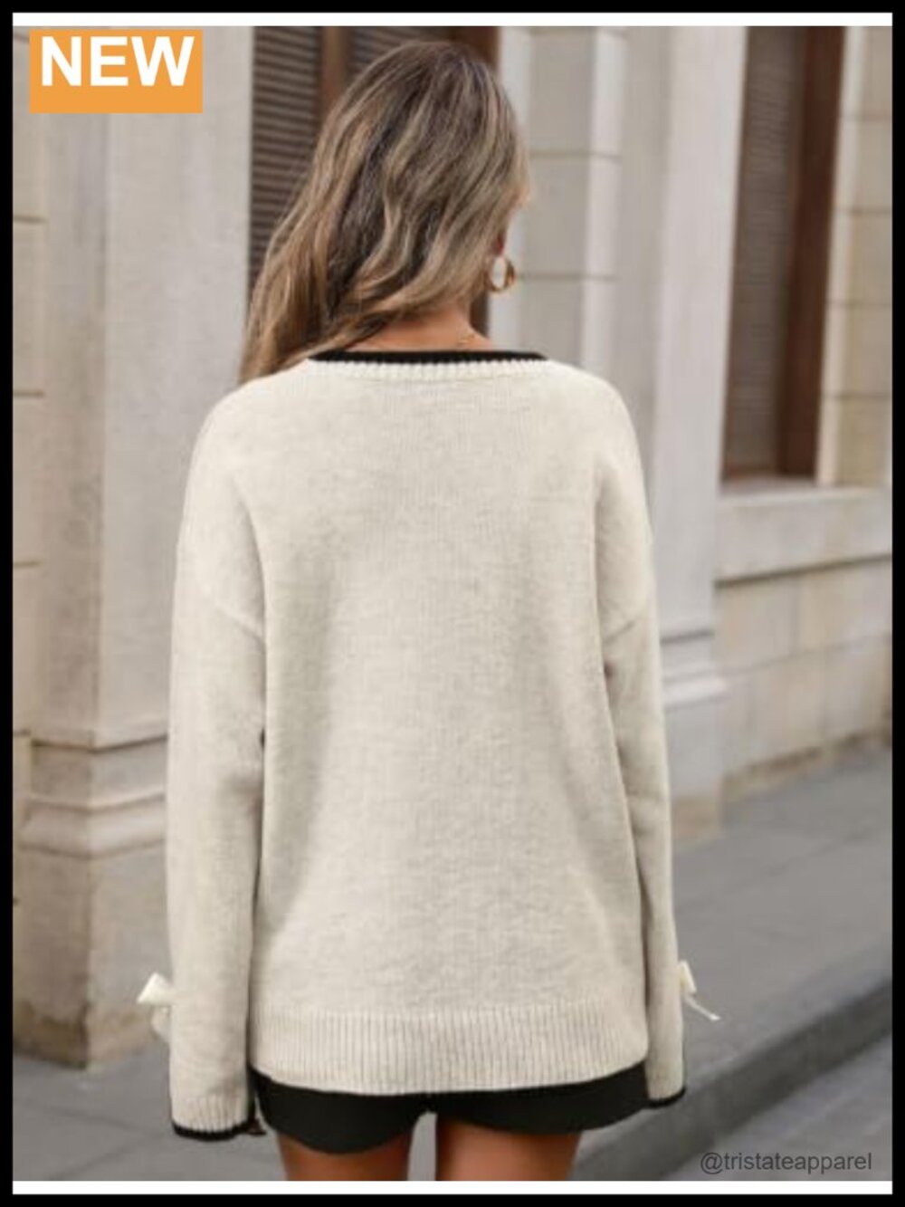 Oversized Knit Pullover Sweater Bow Slit Cuff Drop Shoulder Crew Neck - Picture 5 of 5